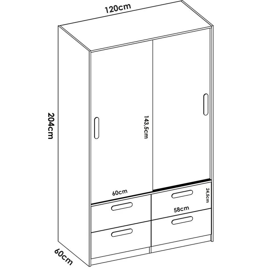 Garde-robe 2 portes Kirogi, Meubles de chambre, Penderie de plain-pied, Placard à vêtements, 120x60 h204 cm, Blanc et Chêne clair