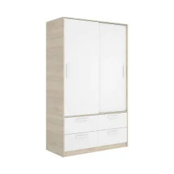 Garde-robe 2 portes Kirogi, Meubles de chambre, Penderie de plain-pied, Placard à vêtements, 120x60 h204 cm, Blanc et Chêne clair