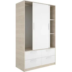 Garde-robe 2 portes Kirogi, Meubles de chambre, Penderie de plain-pied, Placard à vêtements, 120x60 h204 cm, Blanc et Chêne clair