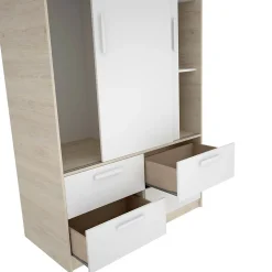 Garde-robe 2 portes Kirogi, Meubles de chambre, Penderie de plain-pied, Placard à vêtements, 120x60 h204 cm, Blanc et Chêne clair
