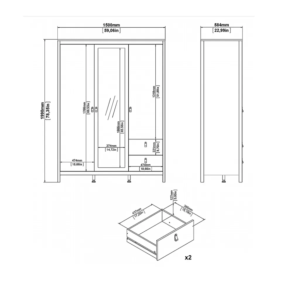 Garde-robe 3 portes Rufina, Meubles de chambre, Penderie de plain-pied, Placard à vêtements, 150x58 h199 cm, Blanc
