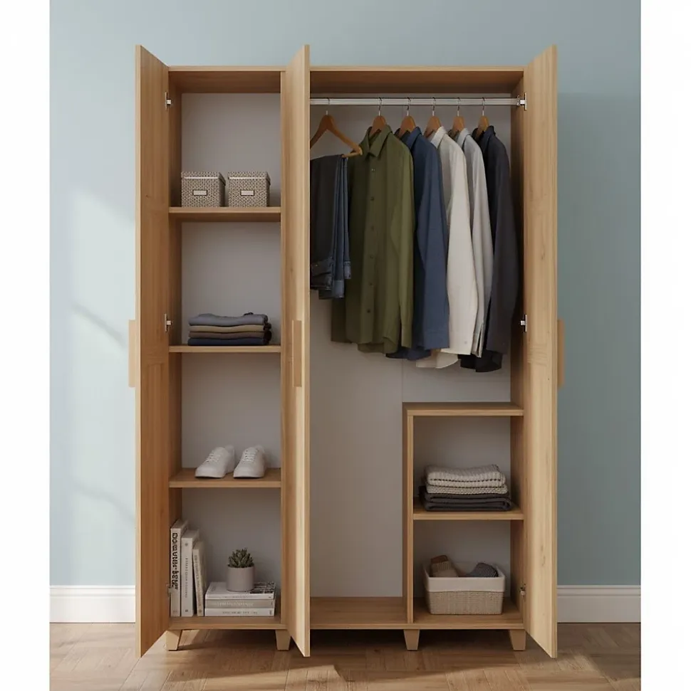 Garde-robe 3 portes Samh, Meubles de chambre, Penderie de plain-pied, Placard à vêtements, 120x48h189 cm, Chêne