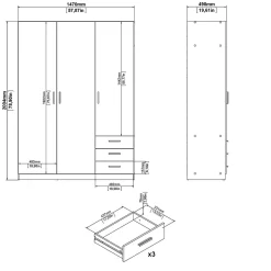 Garde-robe 3 portes Simeon, Meubles de chambre, Penderie de plain-pied, Placard à vêtements, 147x50 h200 cm, Blanc