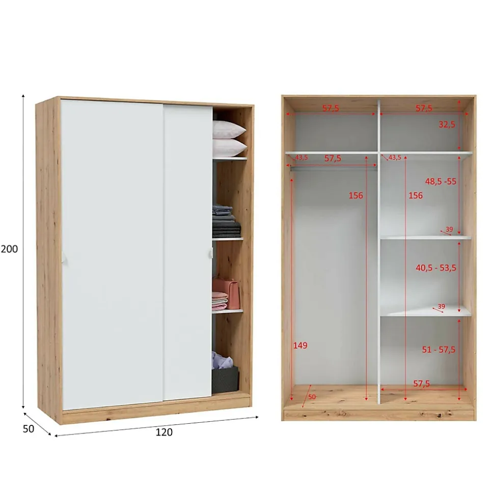 Garde-robe 2 portes Waterbury, Armoire de chambre, Armoire avec 4 étagères et tringle à vêtements, 120x50h200 cm, Chêne et Blanc
