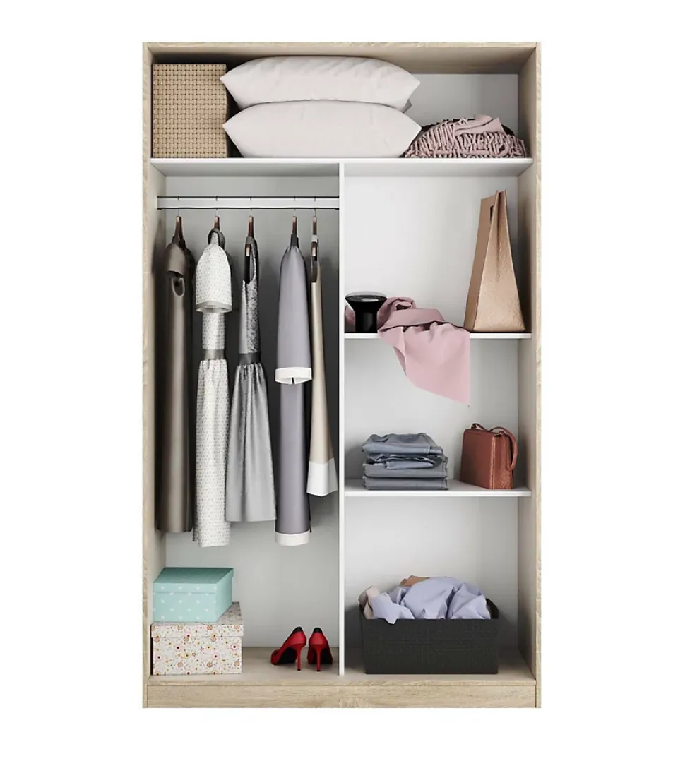 Garde-robe 2 portes Waterbury, Armoire de chambre, Armoire avec 4 étagères et tringle à vêtements, 120x50h200 cm, Chêne et Blanc