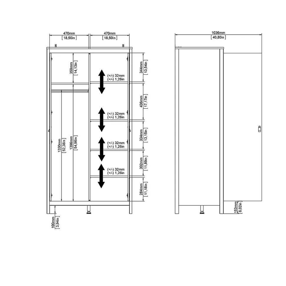Garde-robe 2 portes Zagabria, Meubles de chambre, Penderie de plain-pied, Placard à vêtements, 102x58 h199 cm, Noir