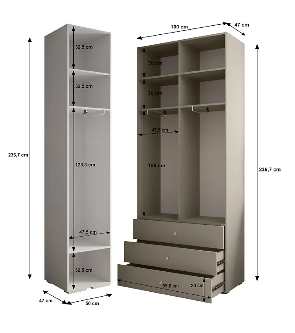 Garde-robe Inova 2 porte battante 236,7/150/47 3 Portes (blanc)