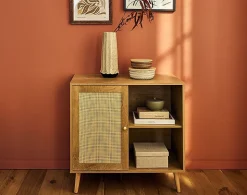 Goto - buffet haut - effet bois et cannage - 2 niches et 1 porte - 80 cm - Best Mobilier