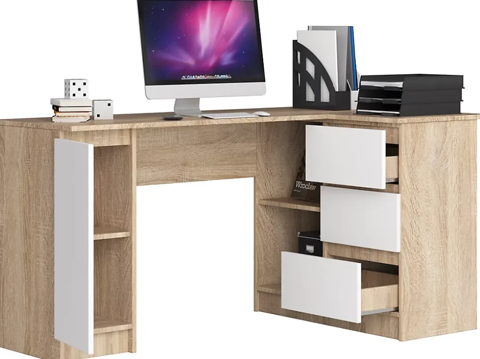 Grand bureau d'angle AKORD droit B20 Chêne Sonoma 155 cm 1 porte 3 tiroirs façade Blanche 4 étagères 155x85x77 cm