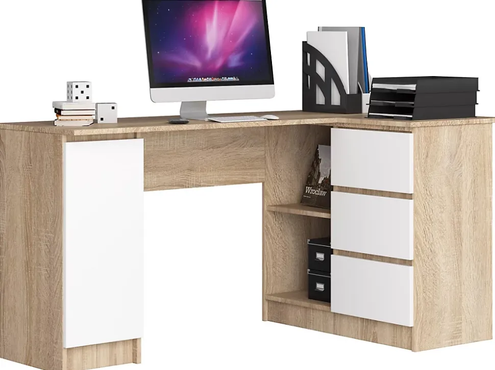 Grand bureau d'angle AKORD droit B20 Chêne Sonoma 155 cm 1 porte 3 tiroirs façade Blanche 4 étagères 155x85x77 cm
