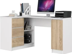 Grand bureau d'angle AKORD gauche B20 Blanc 155 cm 1 porte 3 tiroirs façade Chêne Sonoma 4 étagères 155x85x77 cm
