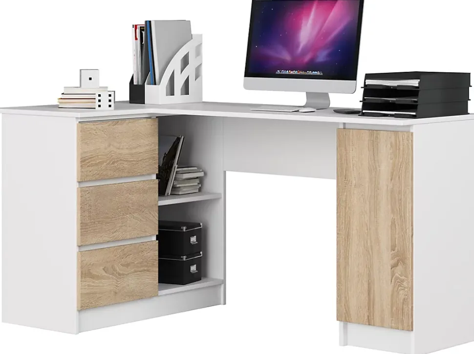 Grand bureau d'angle AKORD gauche B20 Blanc 155 cm 1 porte 3 tiroirs façade Chêne Sonoma 4 étagères 155x85x77 cm