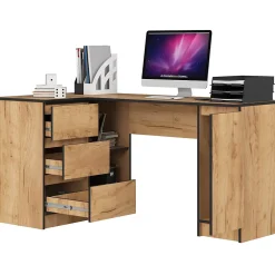 Grand bureau d'angle AKORD gauche B20 Chêne Craft 155 cm 1 porte 3 tiroirs façade Chêne Craft 4 étagères 155x85x77 cm