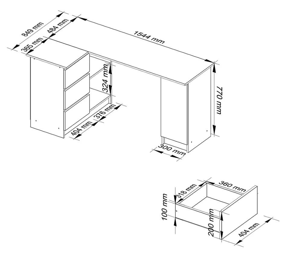 Grand bureau d'angle AKORD gauche B20 Chêne Craft 155 cm 1 porte 3 tiroirs façade Chêne Craft 4 étagères 155x85x77 cm