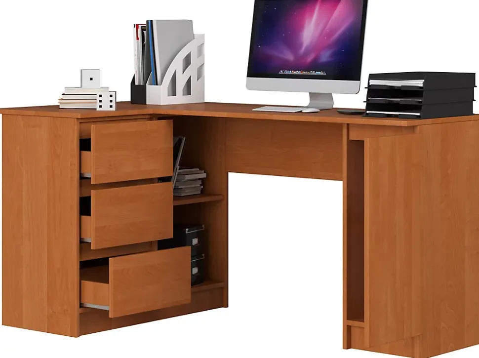 Grand bureau d'angle AKORD gauche B20 Aulne 155 cm 1 porte 3 tiroirs façade Aulne 4 étagères 155x85x77 cm