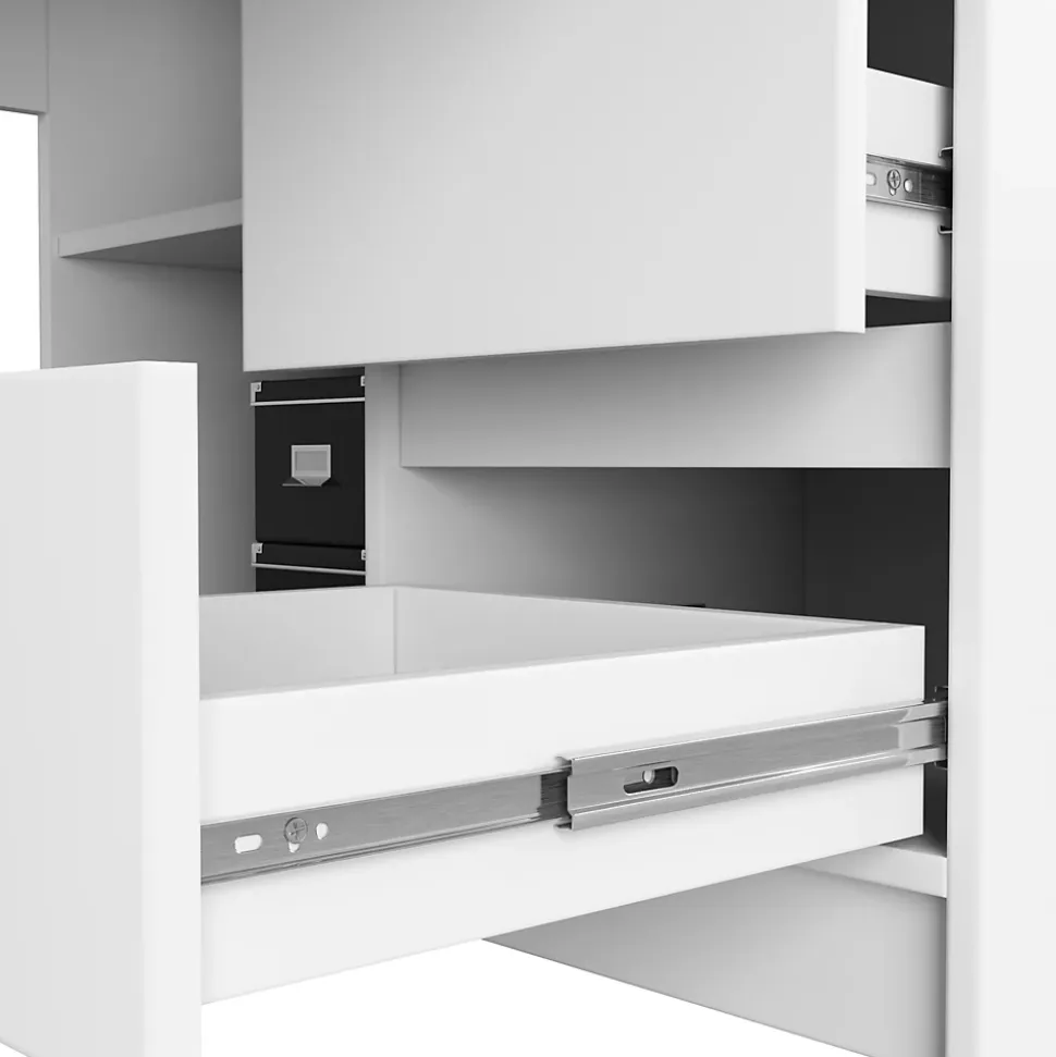 Grand bureau d'angle AKORD gauche B20 Blanc 155 cm 1 porte 3 tiroirs façade Blanche 4 étagères 155x85x77 cm