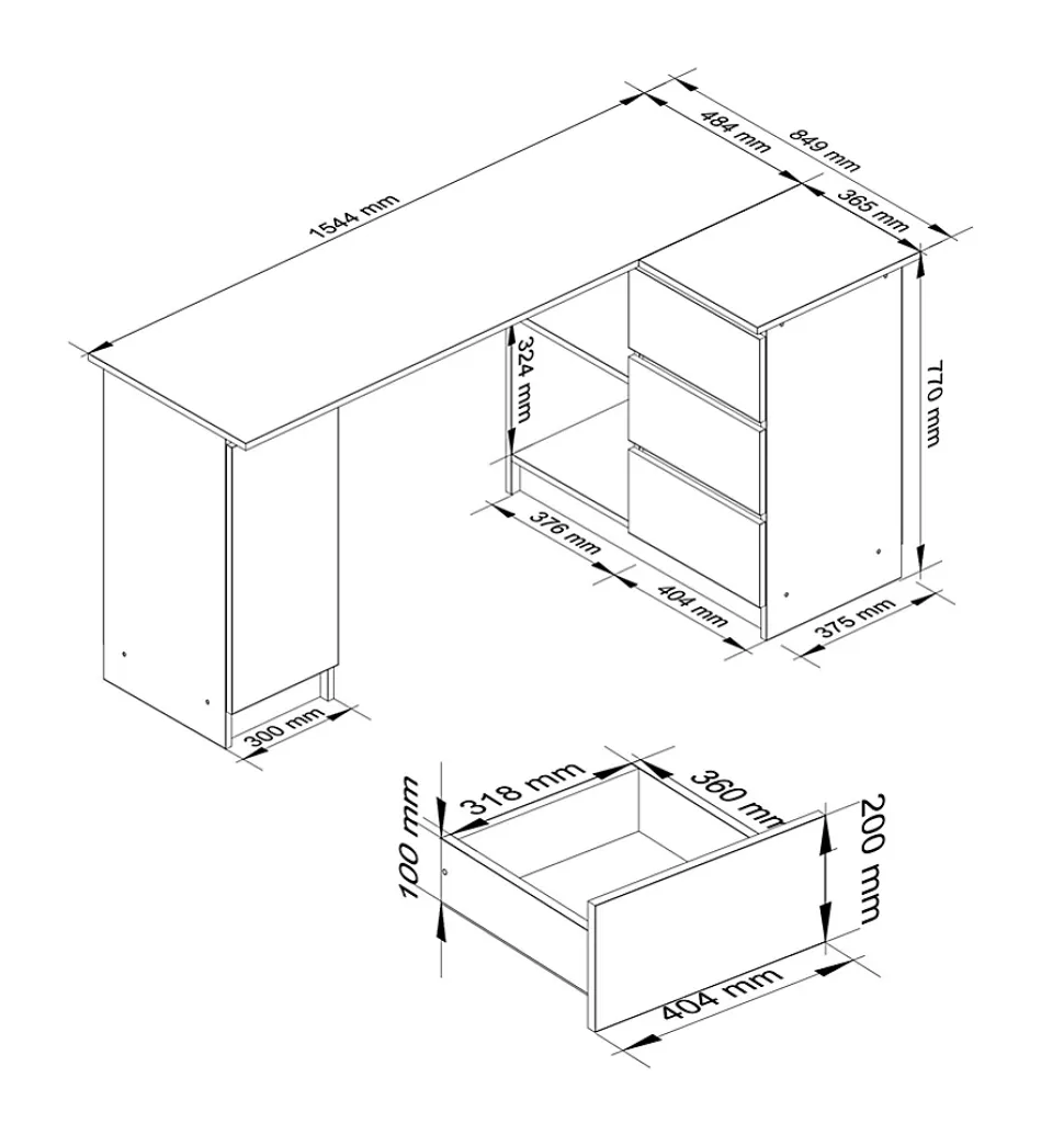 Grand bureau d'angle AKORD droit B20 Blanc 155 cm 1 porte 3 tiroirs façade Blanche 4 étagères 155x85x77 cm