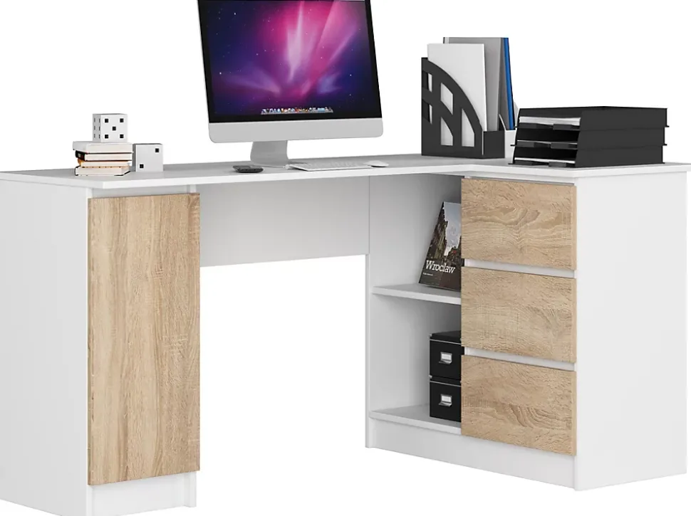Grand bureau d'angle AKORD droit B20 Blanc 155 cm 1 porte 3 tiroirs façade Chêne Sonoma 4 étagères 155x85x77 cm