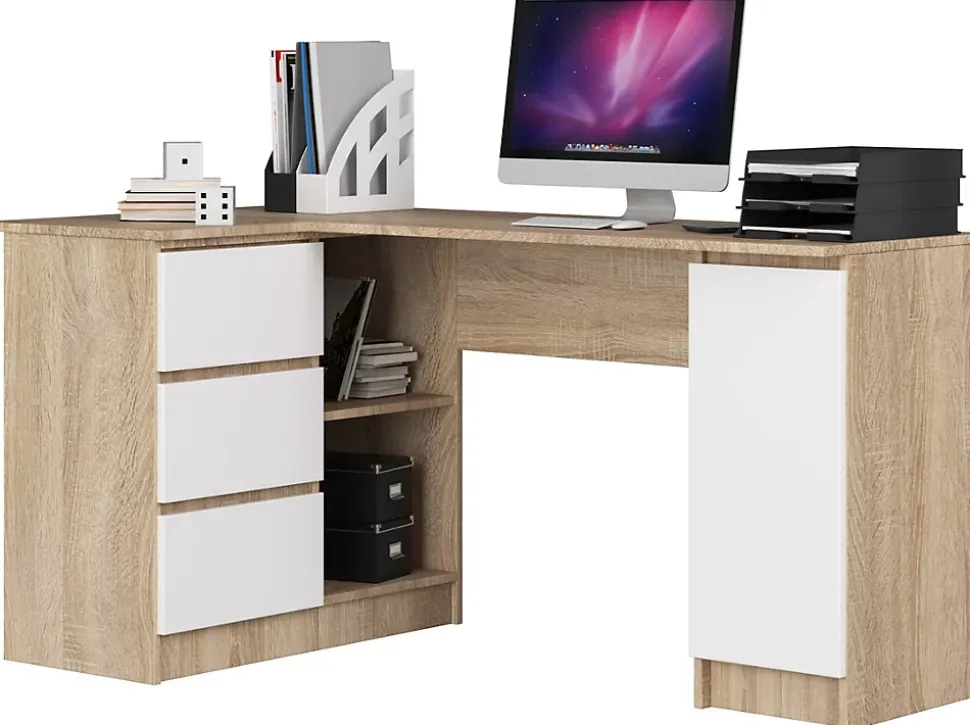 Grand bureau d'angle AKORD gauche B20 Chêne Sonoma 155 cm 1 porte 3 tiroirs façade Blanche 4 étagères 155x85x77 cm