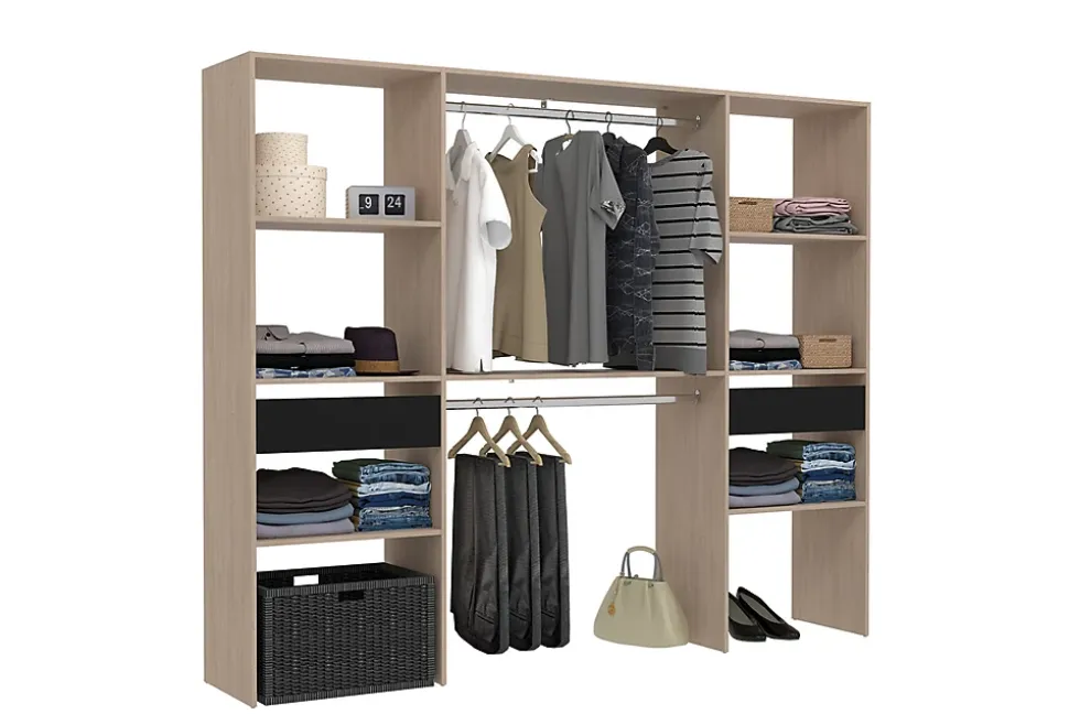 Grand dressing bois avec 2 penderies, 6 étagères et 2 tiroirs - ELYSEE