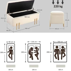 Grand pouf coffre de rangement design contemporain - dim. 100L x 40l x 42H cm - velours beige piètement métal doré