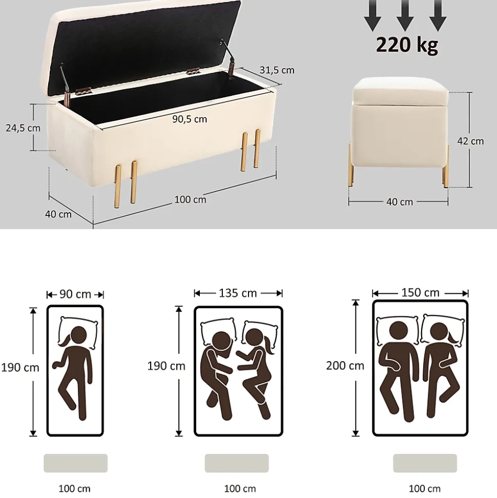 Grand pouf coffre de rangement design contemporain - dim. 100L x 40l x 42H cm - velours beige piètement métal doré