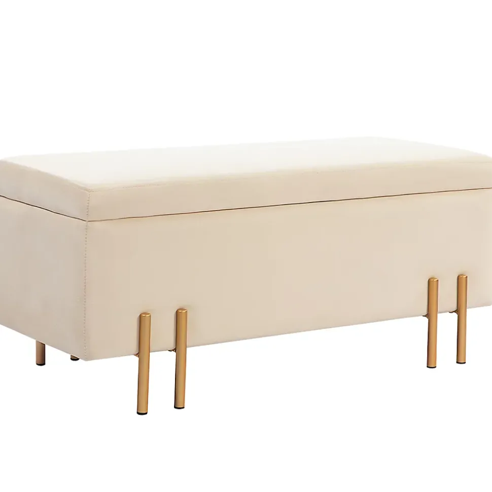 Grand pouf coffre de rangement design contemporain - dim. 100L x 40l x 42H cm - velours beige piètement métal doré