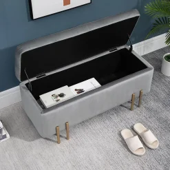 Grand pouf coffre de rangement design contemporain - dim. 100L x 40l x 42H cm - piètement métal doré velours gris clair