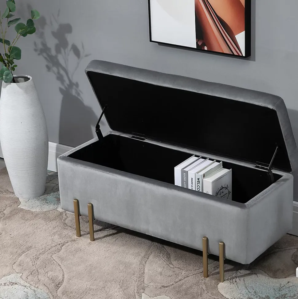 Grand pouf coffre de rangement design contemporain - dim. 100L x 40l x 42H cm - piètement métal doré velours gris clair