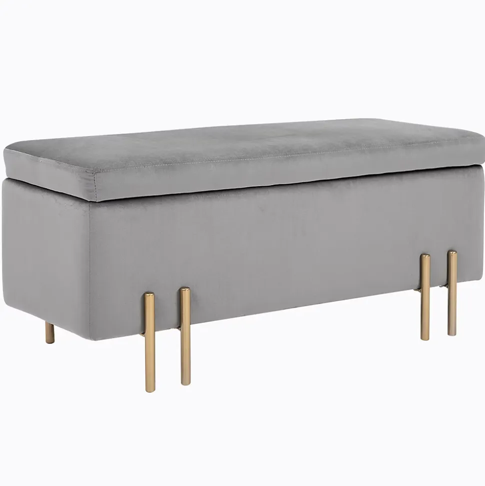 Grand pouf coffre de rangement design contemporain - dim. 100L x 40l x 42H cm - piètement métal doré velours gris clair