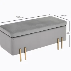 Grand pouf coffre de rangement design contemporain - dim. 100L x 40l x 42H cm - piètement métal doré velours gris clair