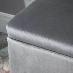 Grand pouf coffre de rangement design contemporain - dim. 100L x 40l x 42H cm - piètement métal doré velours gris clair