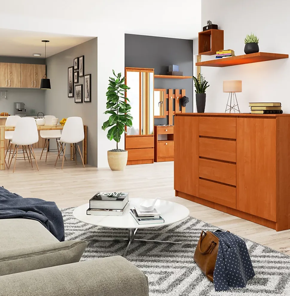 Grande Commode pour le salon AKORD K160 Aulne 160 cm 2 portes 4 tiroirs façade Aulne 4 étagères 160x40x99 cm