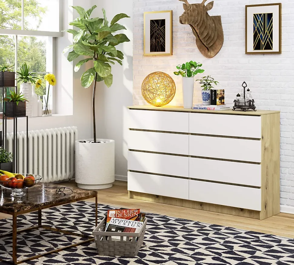 Grande Commode pour le salon AKORD K160 Chêne Artisan 160 cm 8 tiroirs façade Blanche 160x40x99 cm
