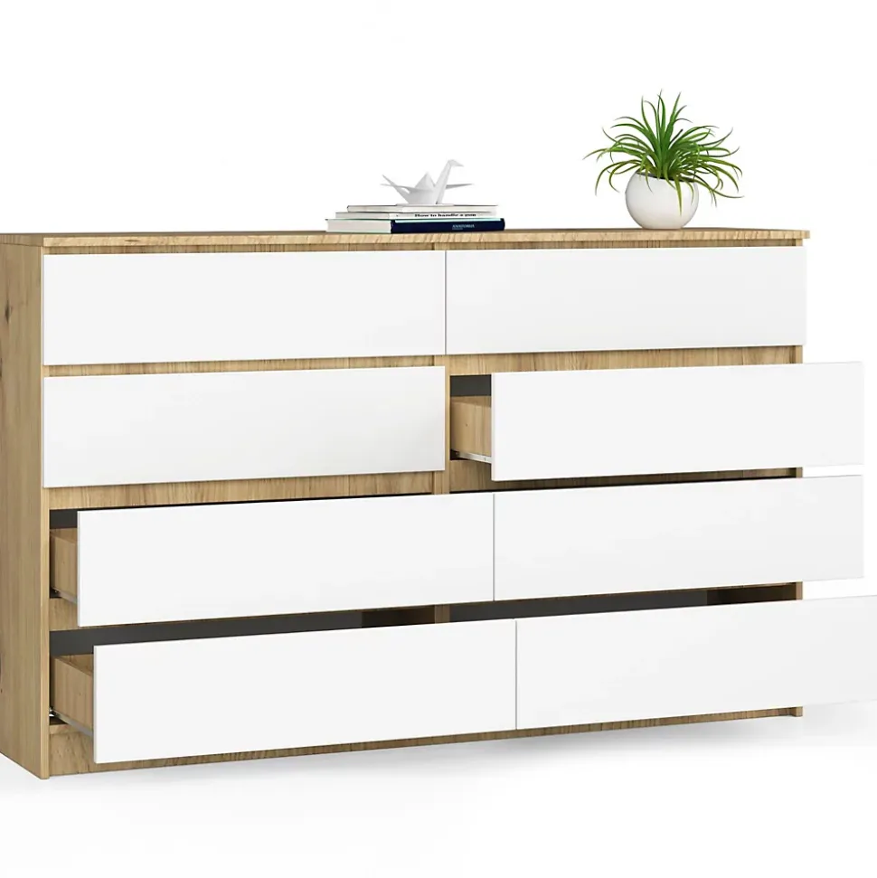 Grande Commode pour le salon AKORD K160 Chêne Artisan 160 cm 8 tiroirs façade Blanche 160x40x99 cm