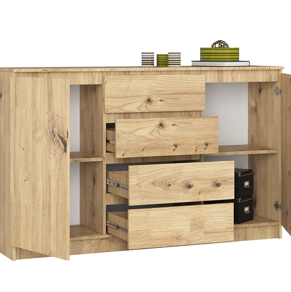 Grande Commode pour le salon AKORD K160 Chêne Artisan 160 cm 2 portes 4 tiroirs façade Chêne Artisan 4 étagères 160x40x99 cm