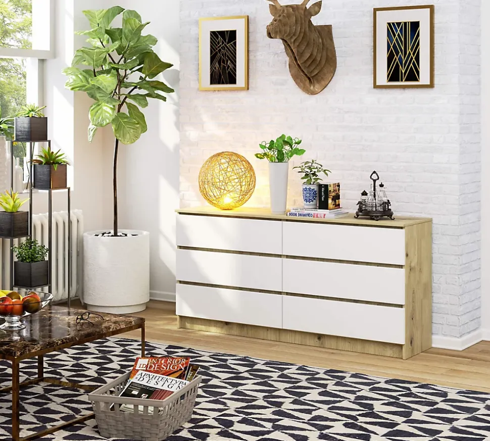 Grande Commode pour le salon AKORD K160 Chêne Artisan 160 cm 6 tiroirs façade Blanche 160x40x77 cm