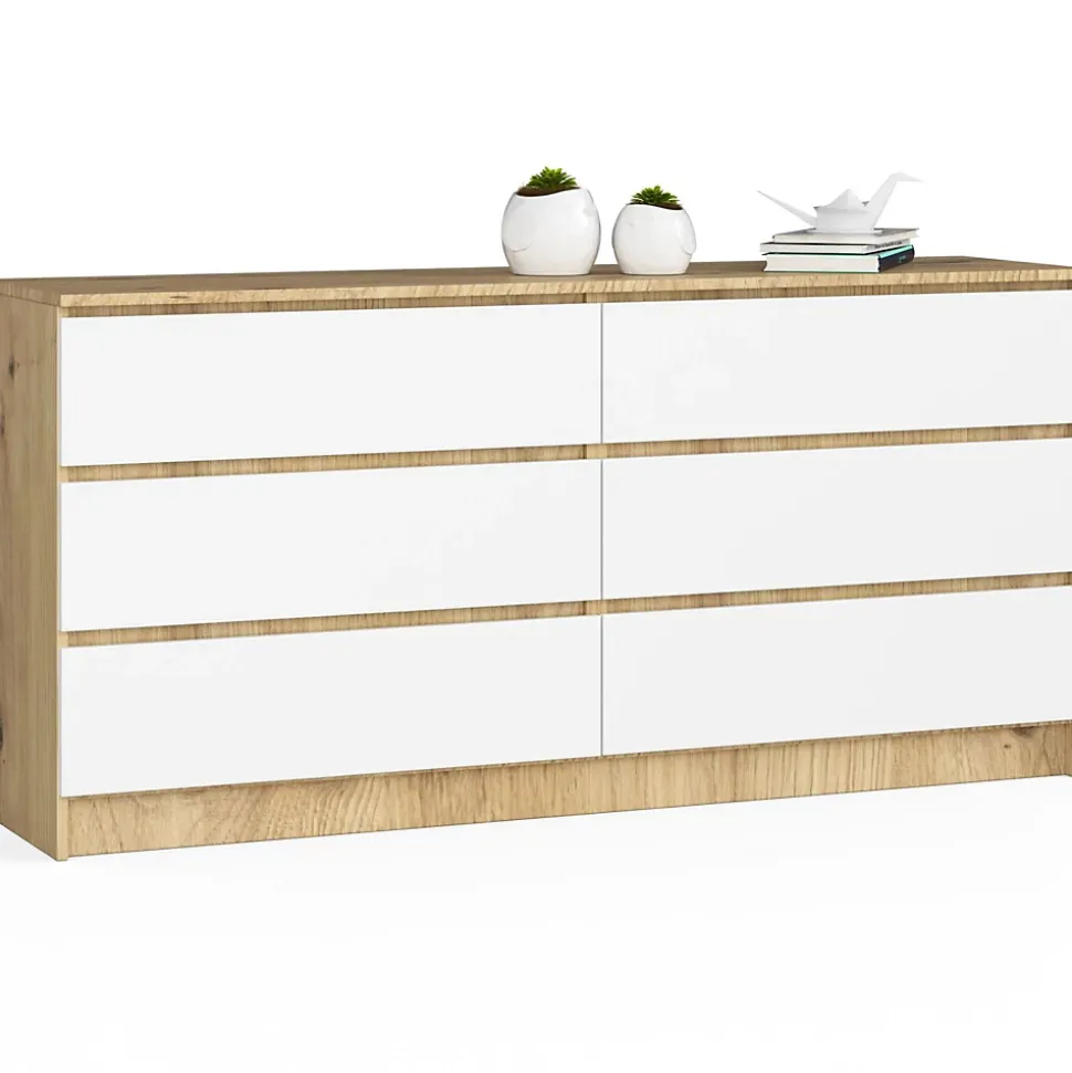 Grande Commode pour le salon AKORD K160 Chêne Artisan 160 cm 6 tiroirs façade Blanche 160x40x77 cm