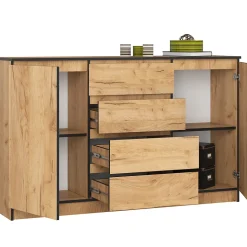 Grande Commode pour le salon AKORD K160 Chêne Craft 160 cm 2 portes 4 tiroirs façade Chêne Craft 4 étagères 160x40x99 cm
