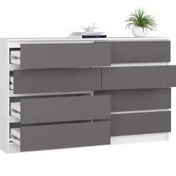 Grande Commode pour le salon AKORD K160 Blanche 160 cm 8 tiroirs façade Gris Graphite 160x40x99 cm