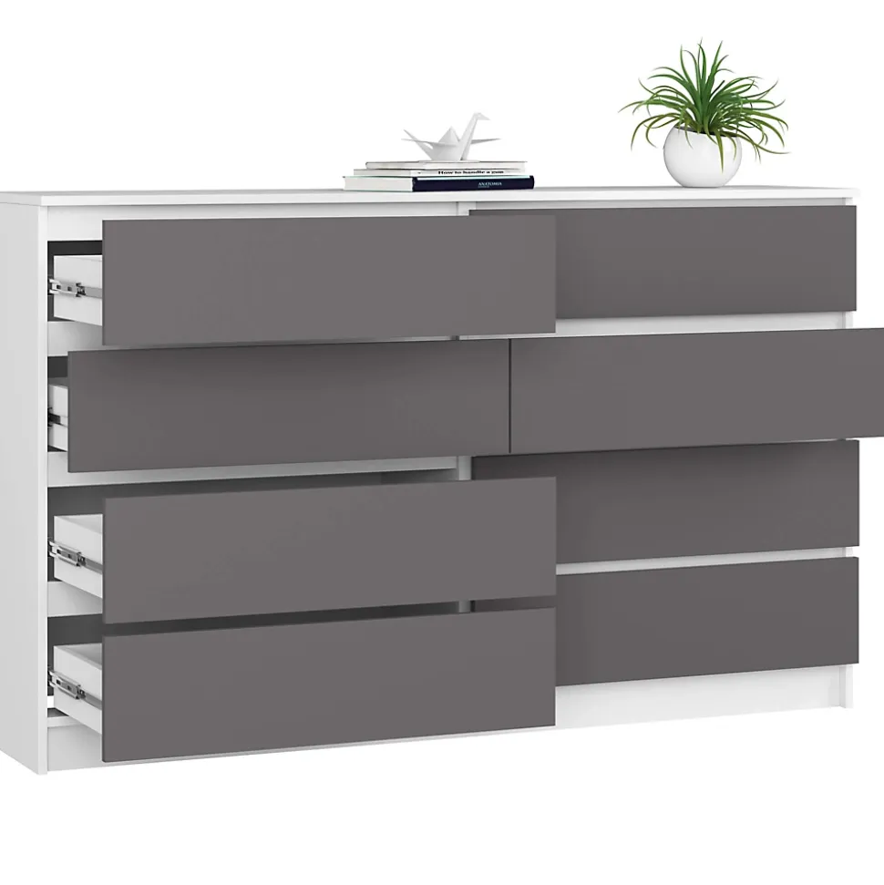 Grande Commode pour le salon AKORD K160 Blanche 160 cm 8 tiroirs façade Gris Graphite 160x40x99 cm