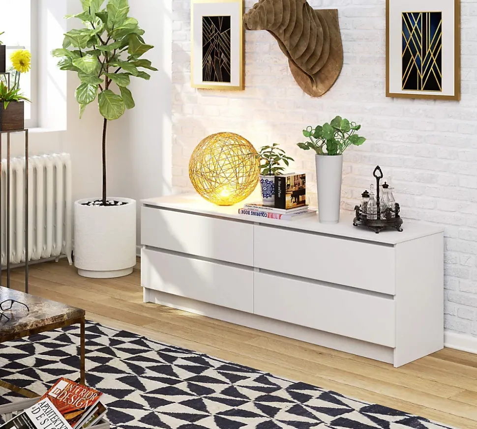 Grande Commode pour le salon AKORD K160 Blanche 160 cm 4 tiroirs façade Blanche 160x40x55 cm