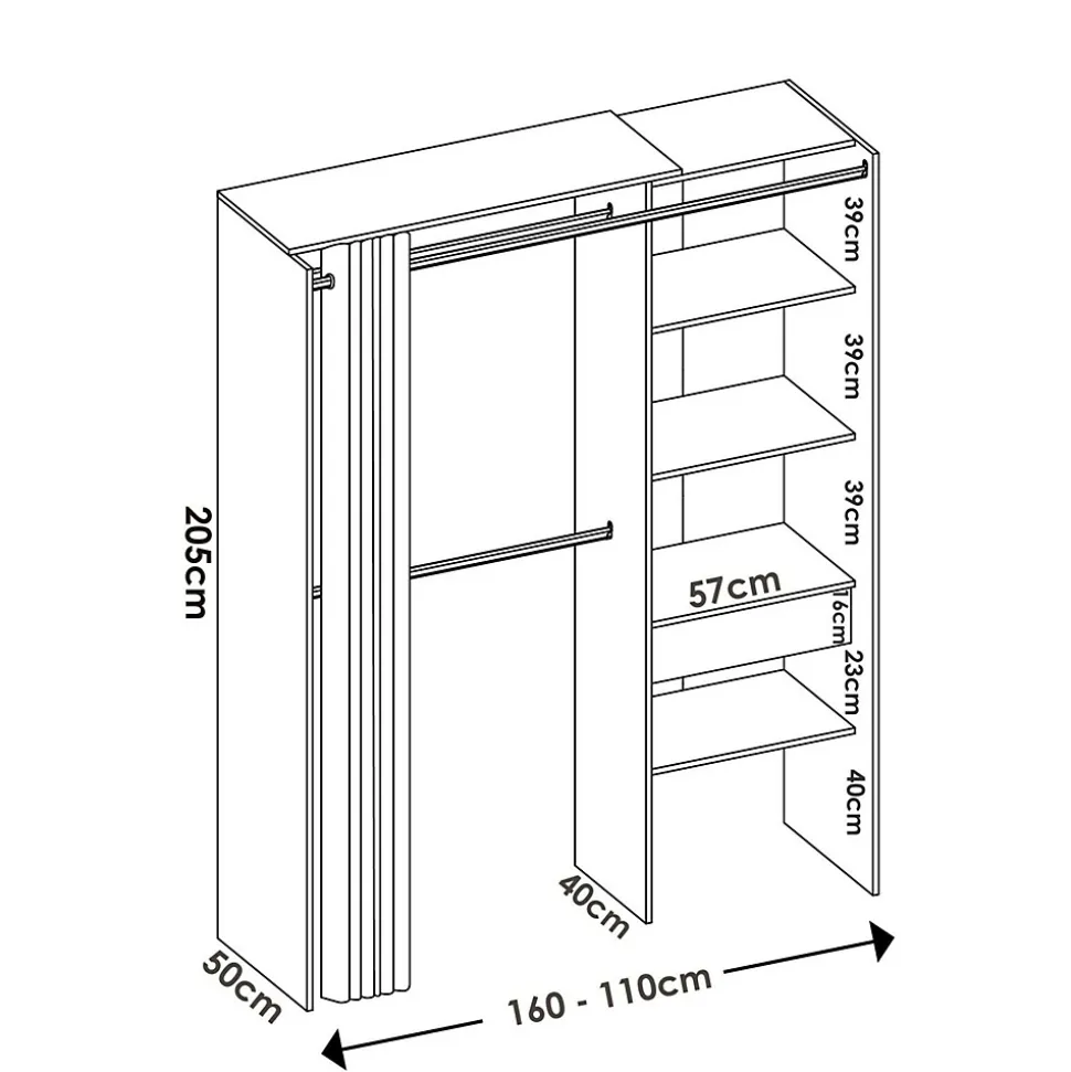 Grande Garde-robe Arim, Structure pour dressing avec rideau, Cintre ouvert, 160x50h205 cm, Chêne et Anthracite