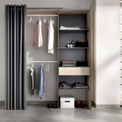 Grande Garde-robe Arim, Structure pour dressing avec rideau, Cintre ouvert, 160x50h205 cm, Chêne et Anthracite