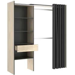 Grande Garde-robe Arim, Structure pour dressing avec rideau, Cintre ouvert, 160x50h205 cm, Chêne et Anthracite