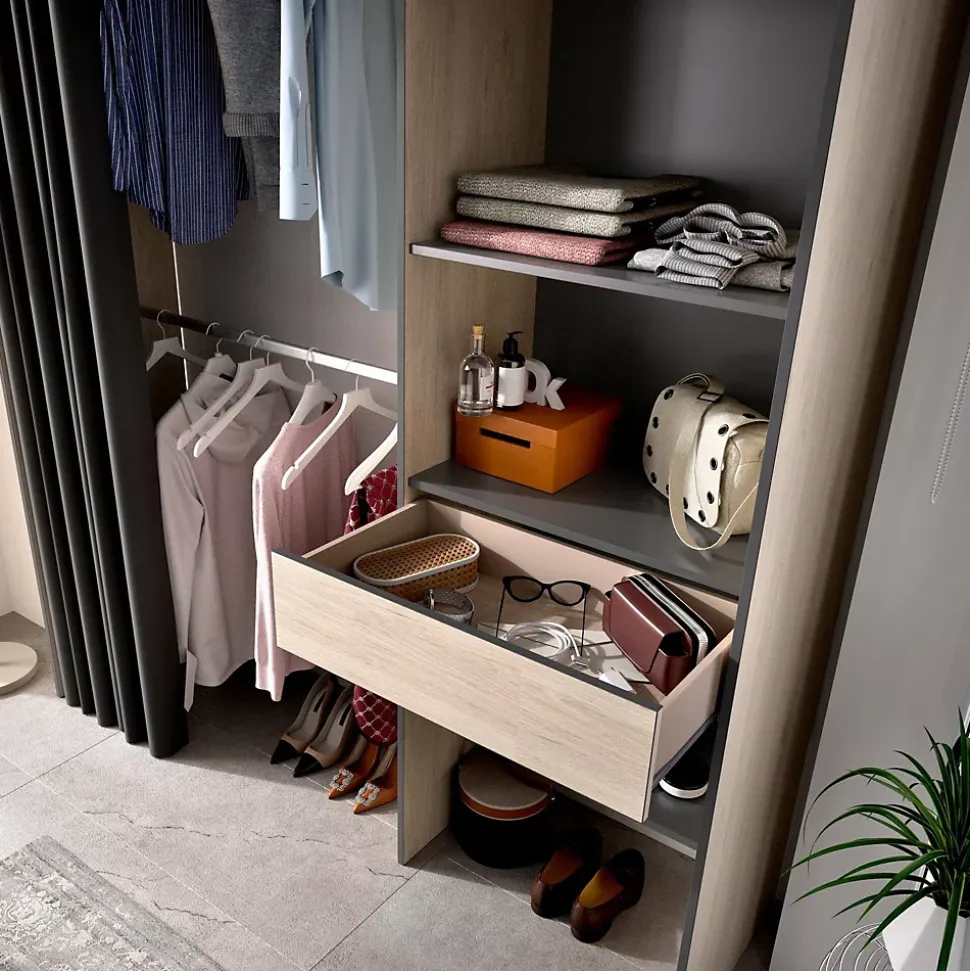 Grande Garde-robe Arim, Structure pour dressing avec rideau, Cintre ouvert, 160x50h205 cm, Chêne et Anthracite