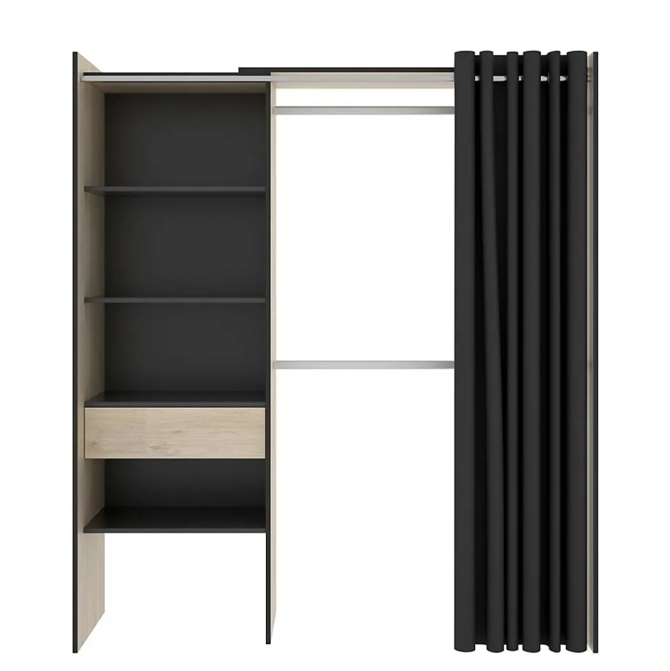 Grande Garde-robe Arim, Structure pour dressing avec rideau, Cintre ouvert, 160x50h205 cm, Chêne et Anthracite