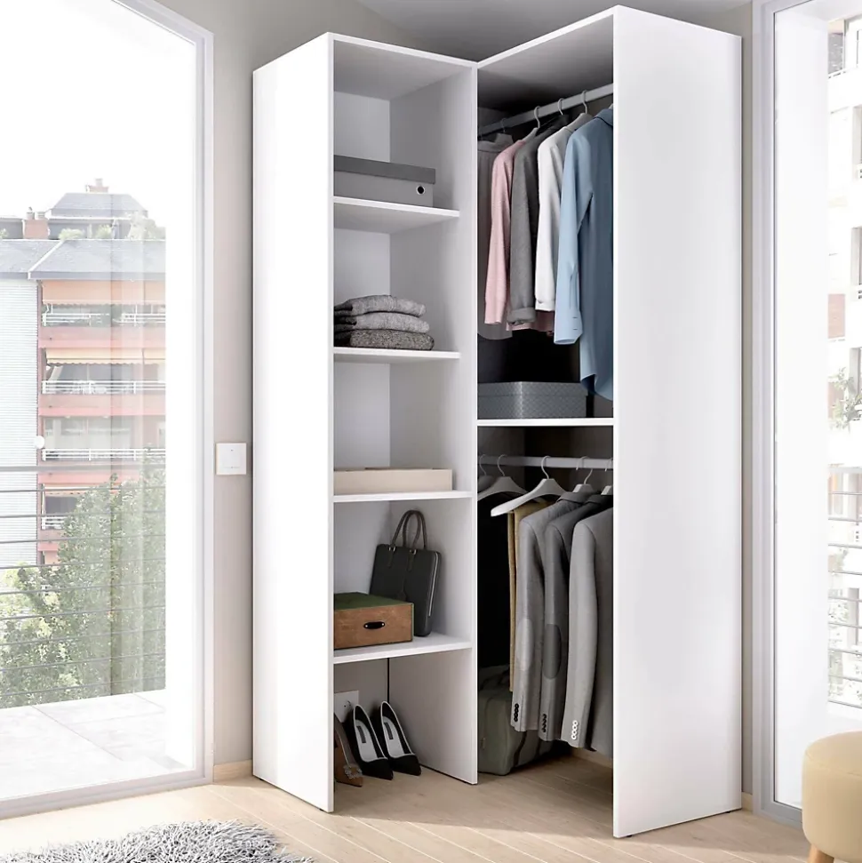 Grande Garde-robe Arpagone, Structure pour dressing d'angle, Cintre d'angle ouvert, 79x88h186 cm, Blanc