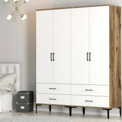 Grande Garde-robe Atria, Meubles de chambre, Penderie de plain-pied, Placard à vêtements, 160x201h48 cm, Noyer et Blanc