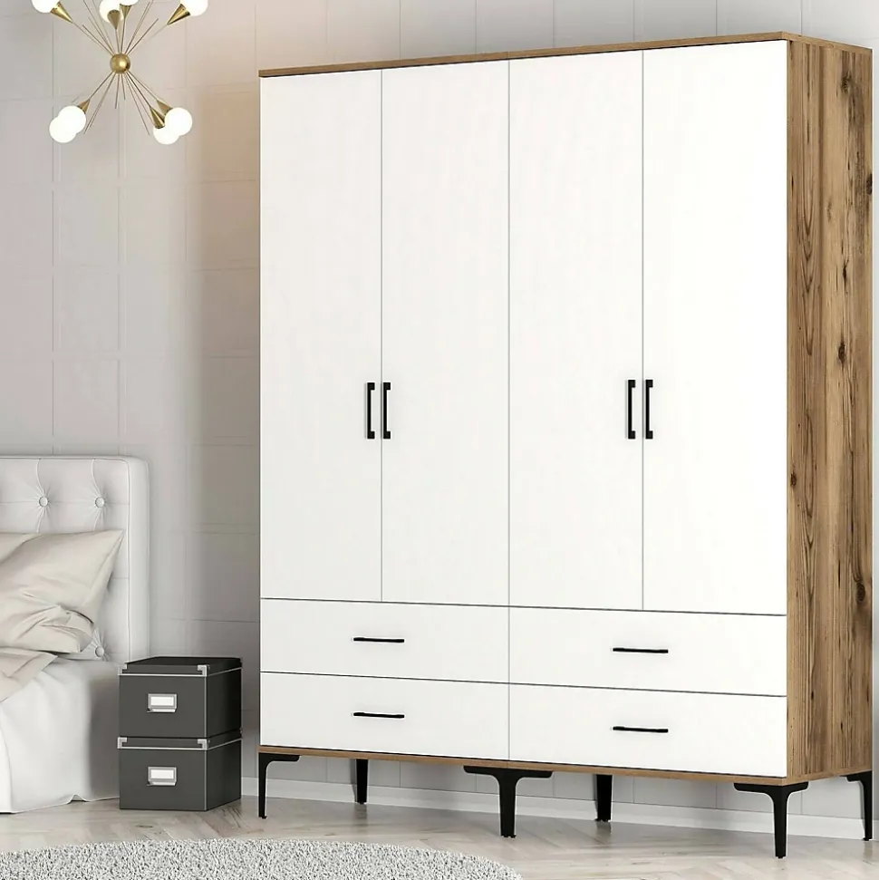 Grande Garde-robe Atria, Meubles de chambre, Penderie de plain-pied, Placard à vêtements, 160x201h48 cm, Noyer et Blanc